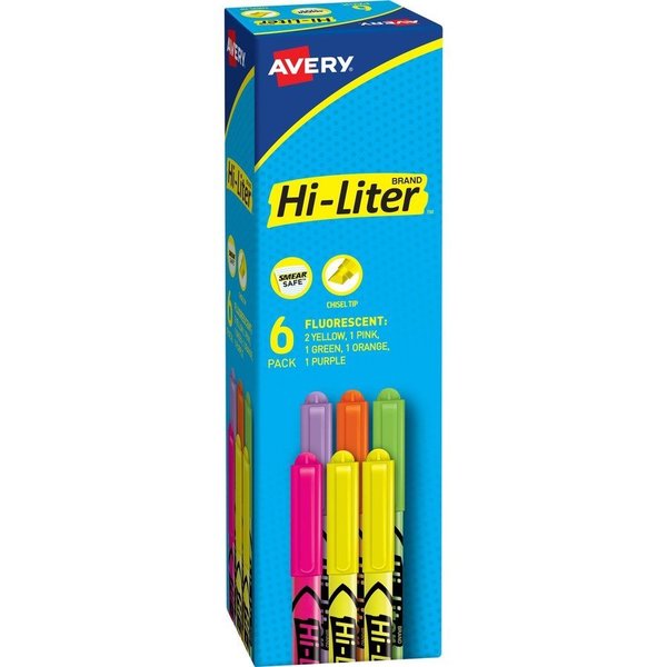 Avery Highlighters, Pen Style, Smear Safe, Chisel Point, 6/PK, AST 6PK AVE23565
